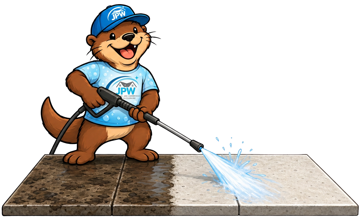 Cartoon beaver in blue cap pressure-washing a dirty wooden deck next to a clean section