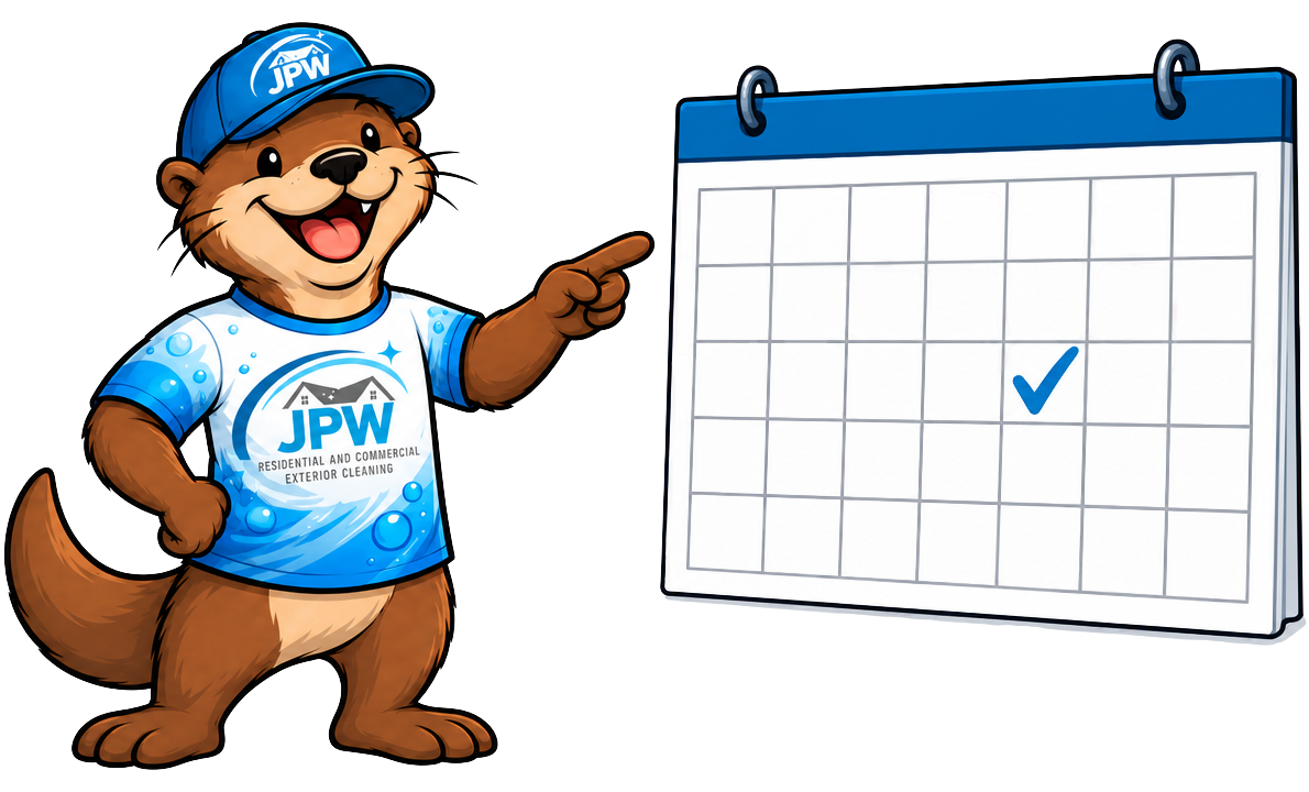 Cartoon beaver in blue cap points to a wall calendar with a blue check mark.