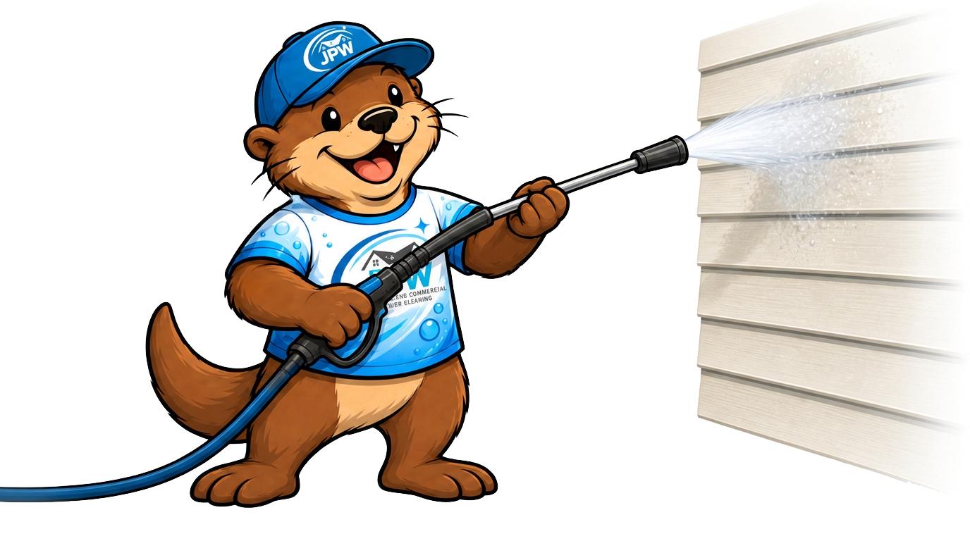 Cartoon bear in a blue cap and shirt spraying a house wall with a pressure washer