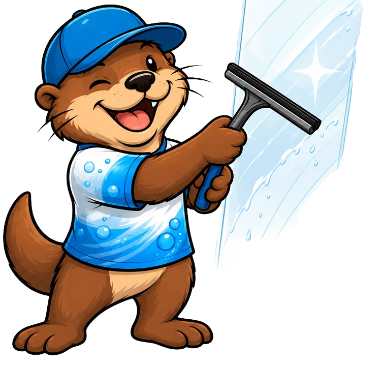 Smiling cartoon otter wearing a blue cap and shirt, washing a window with a squeegee