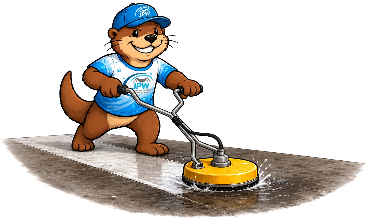 Cartoon dog in a blue cap and shirt cleaning a floor with a yellow buffer