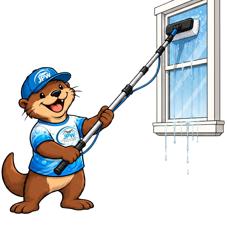 Smiling otter mascot using a long-handled window cleaner on a house window