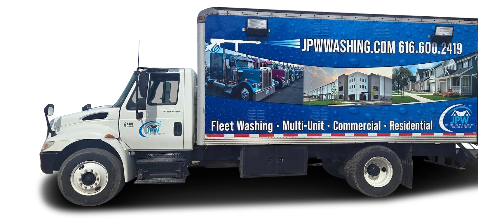 White truck with blue box, text: JPWASHING.COM and services offered: Fleet Washing, Multi-Unit, Commercial, and Residential.