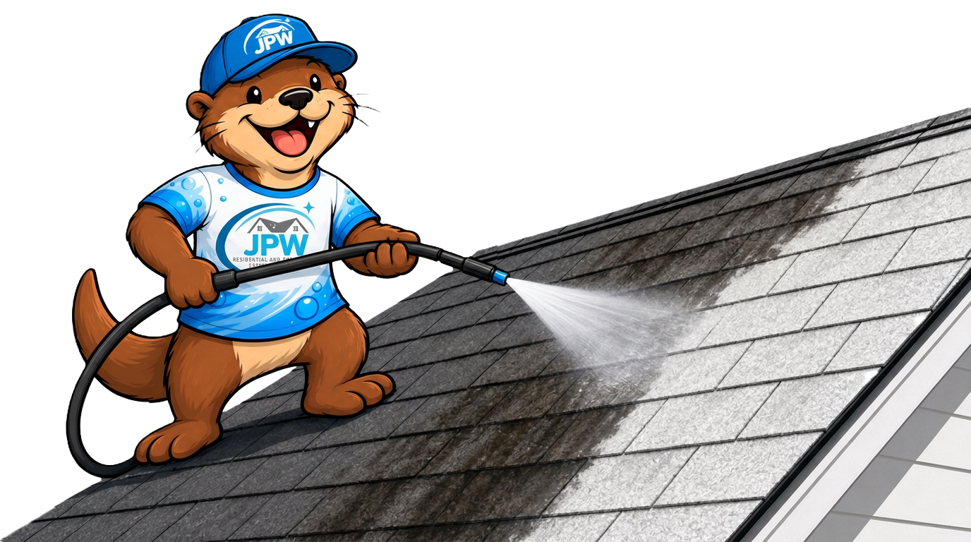 Mascot dog pressure-washing a gray shingled roof with a spray wand.
