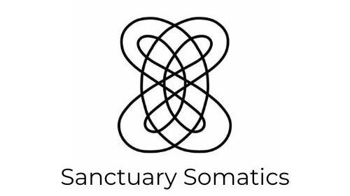 Logo for Sanctuary Somatics: Intertwined, symmetrical black lines form an abstract, stylized figure eight shape.