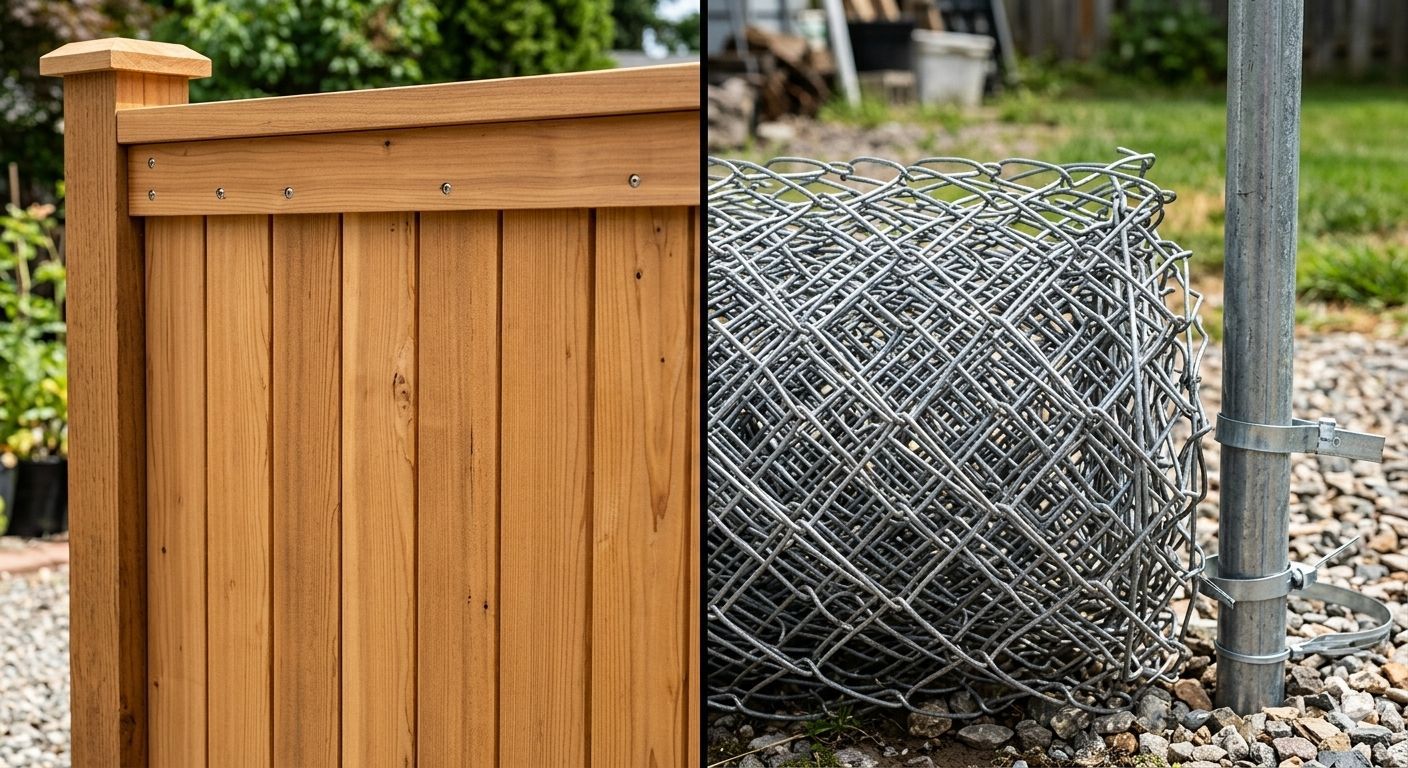 A close-up side-by-side view showing a section of high-end wood privacy fencing 
