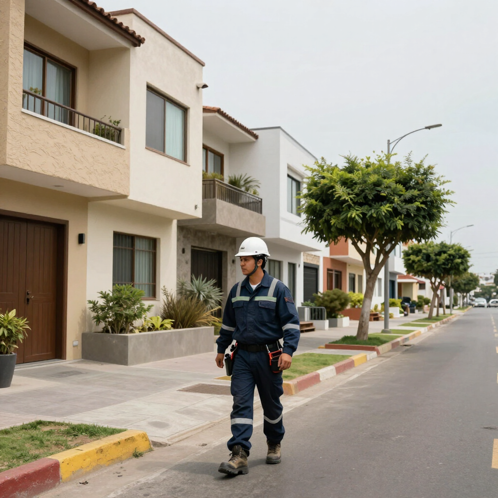 Un trabajador con equipo de seguridad camina por una tranquila calle residencial con casas modernas.