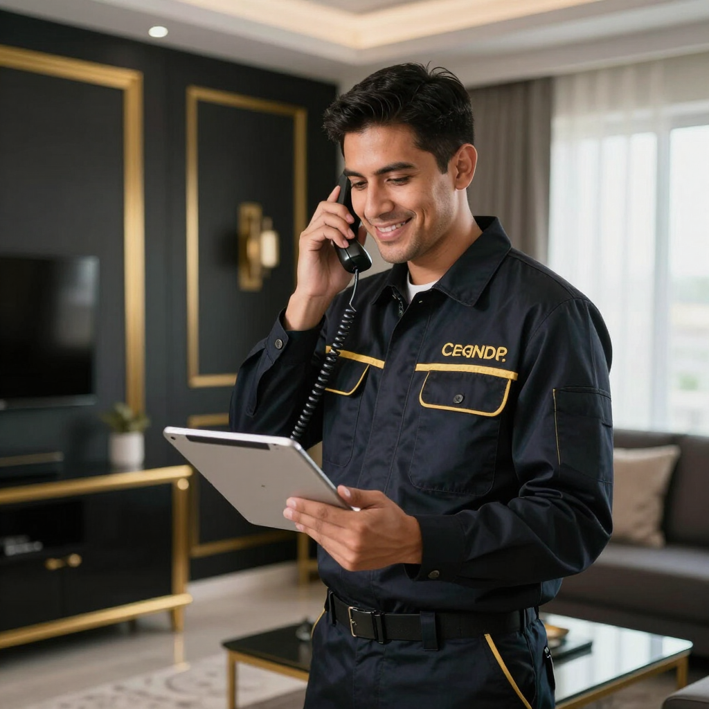 Técnico de servicio con uniforme oscuro hablando por teléfono y sosteniendo una tableta en una sala de estar moderna.