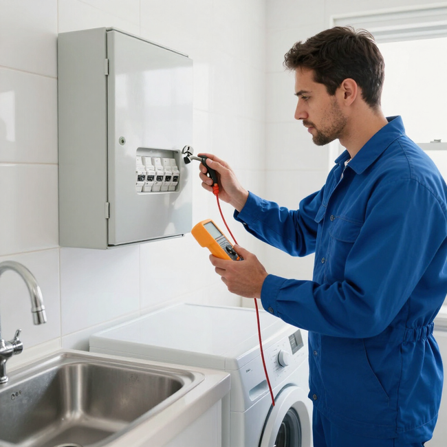 Un técnico inspecciona un panel eléctrico en una cocina luminosa, sosteniendo herramientas cerca de un fregadero.