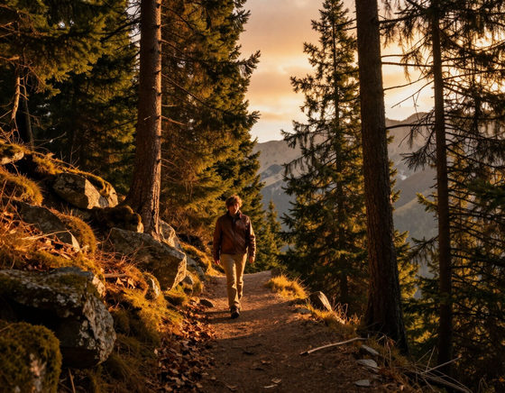 Solitary figure walking a forested mountain trail at golden hour