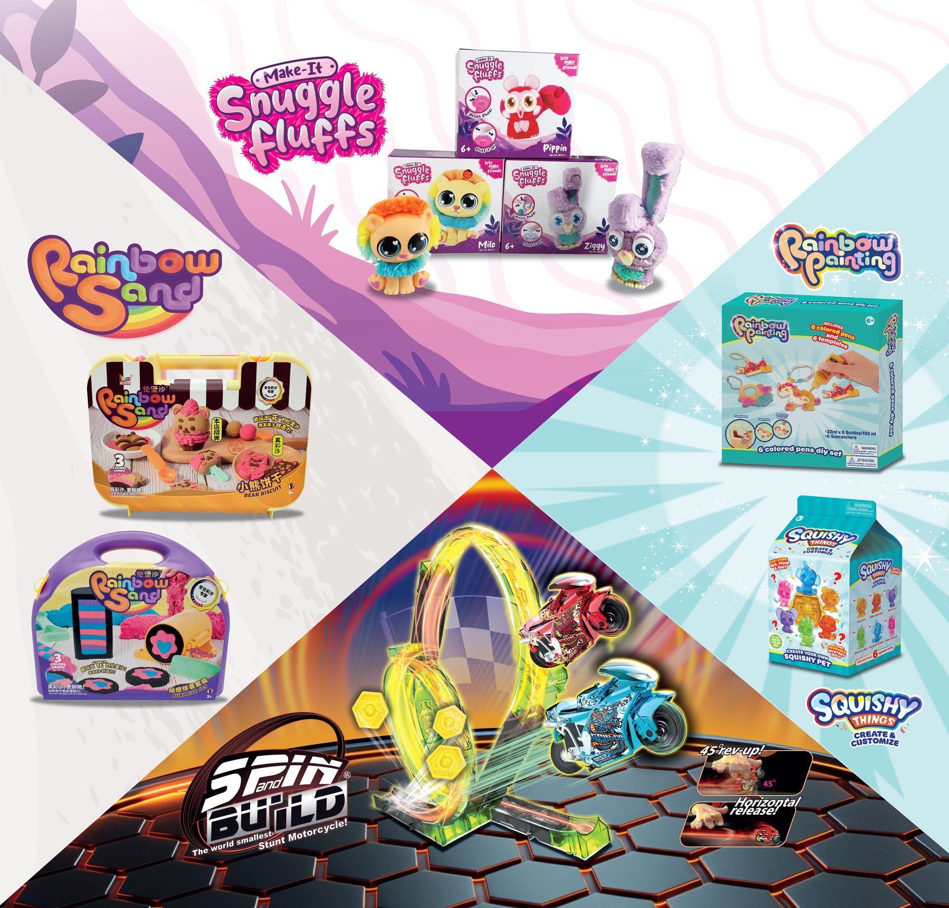 Toy product advertisement featuring Snuggle Fluffs, Rainbow Sand, Spin & Build, Rainbow Squeezies, and Squishy Spots toys.