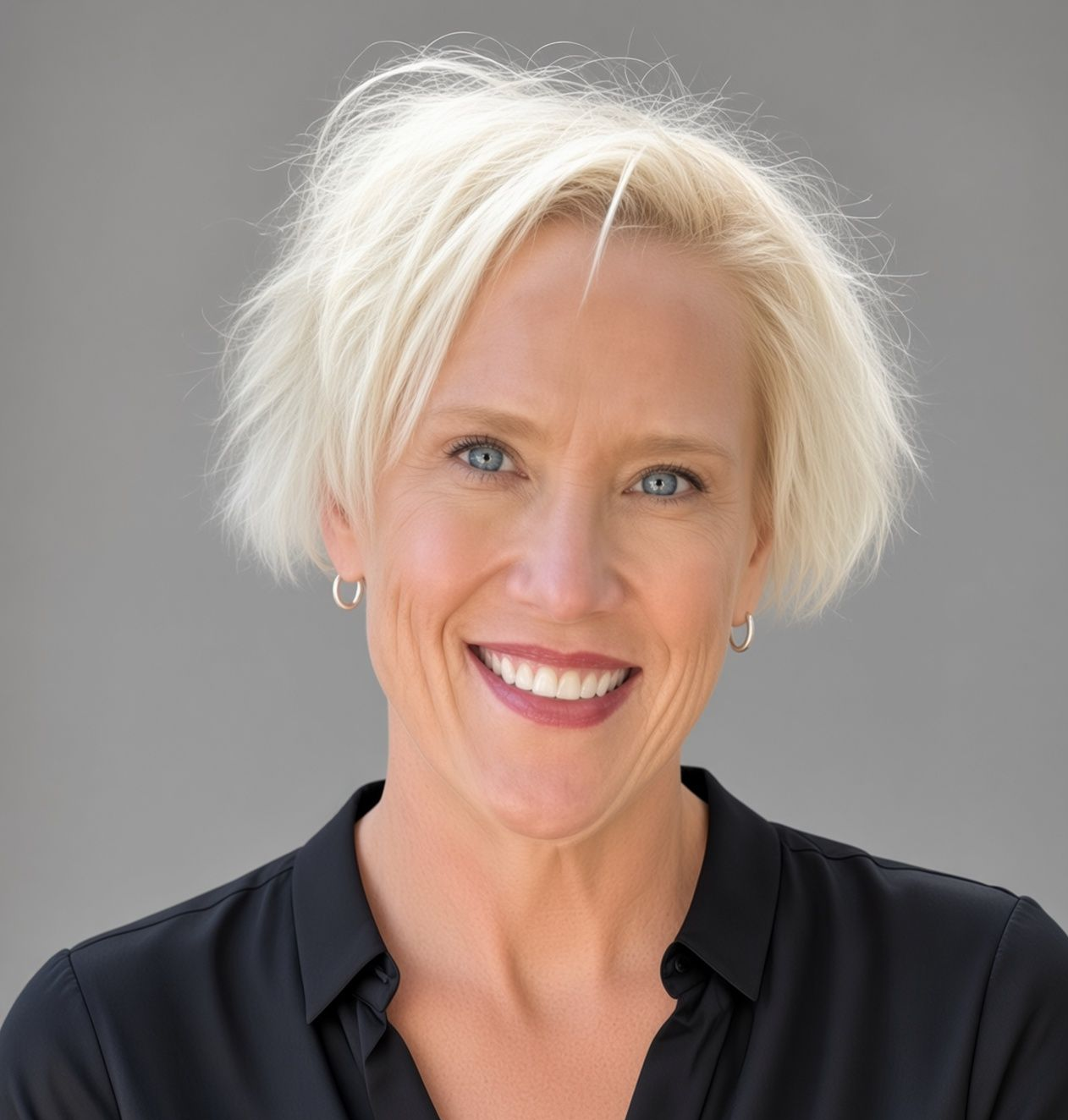 A woman in a black shirt is smiling in front of a brick wall.