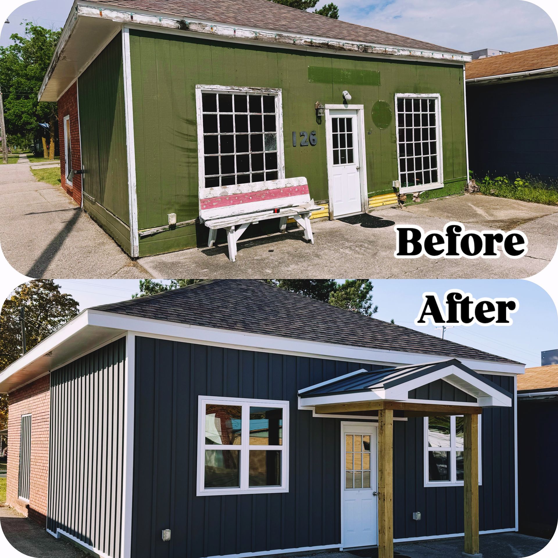 Before-and-after of a small house exterior: green facade transformed to dark blue with white trim and a blue door.