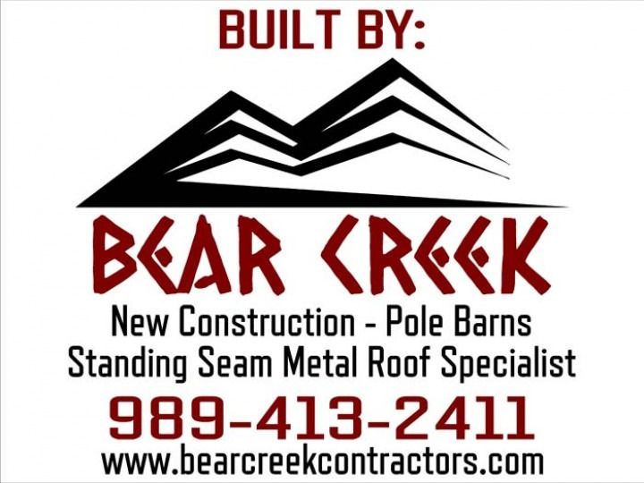 Logo for Bear Creek Contractors:  black mountain peaks, red text, construction services,  phone number, and website.