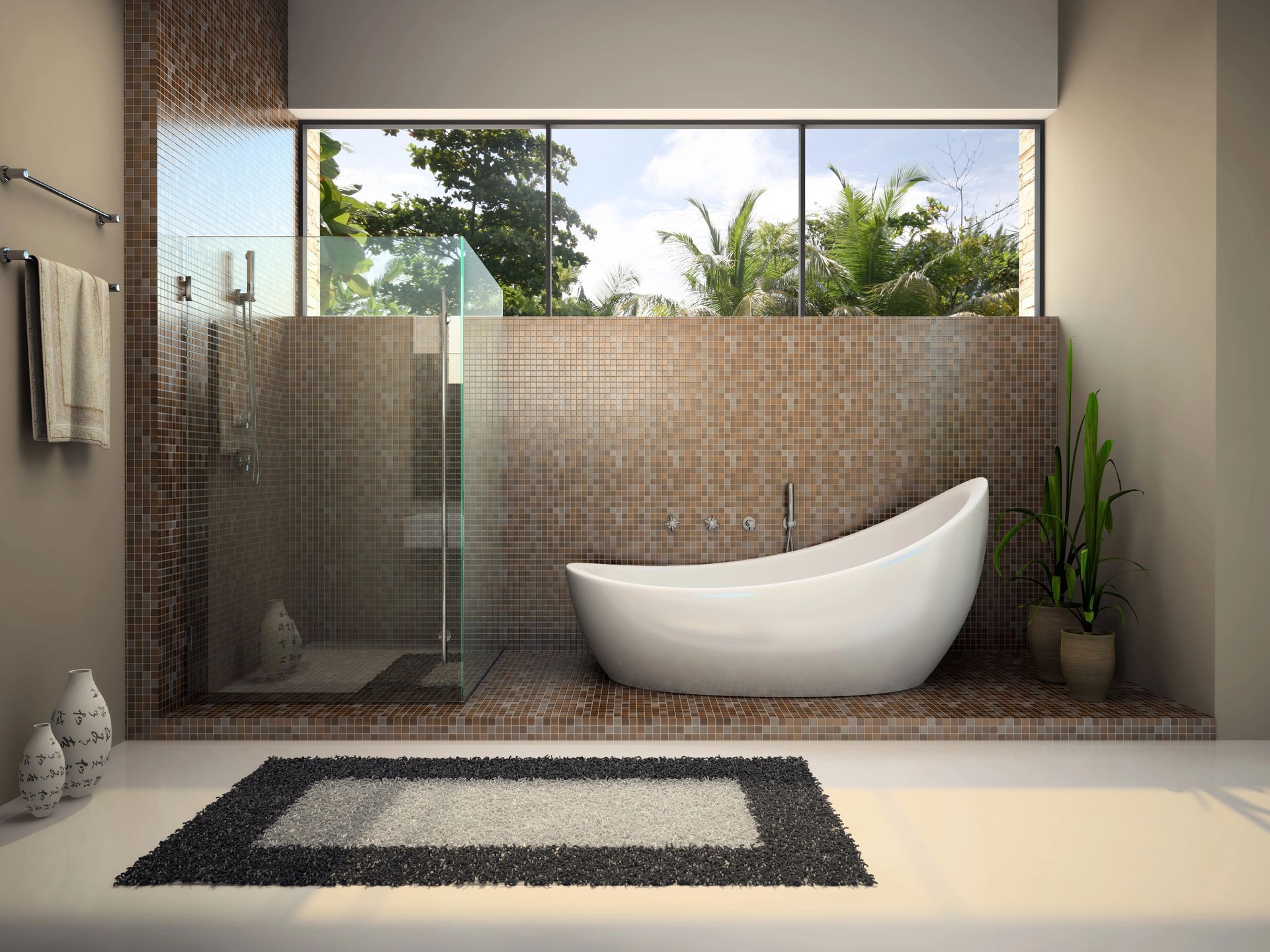 Bagno moderno con vasca bianca, parete in pietra, ampia finestra con vista sul verde.