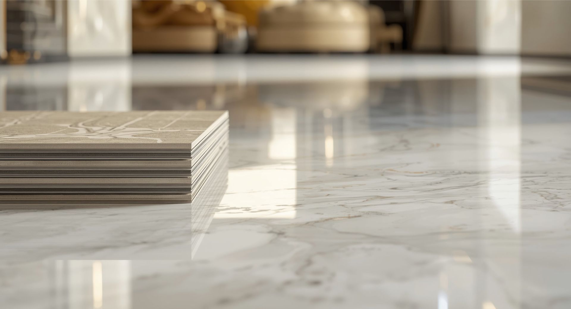 Stack of square tiles on a shiny, reflective marble floor.