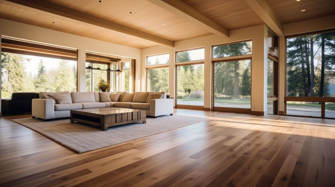 Spacious living room with wood floors, large windows, and a beige sectional sofa.