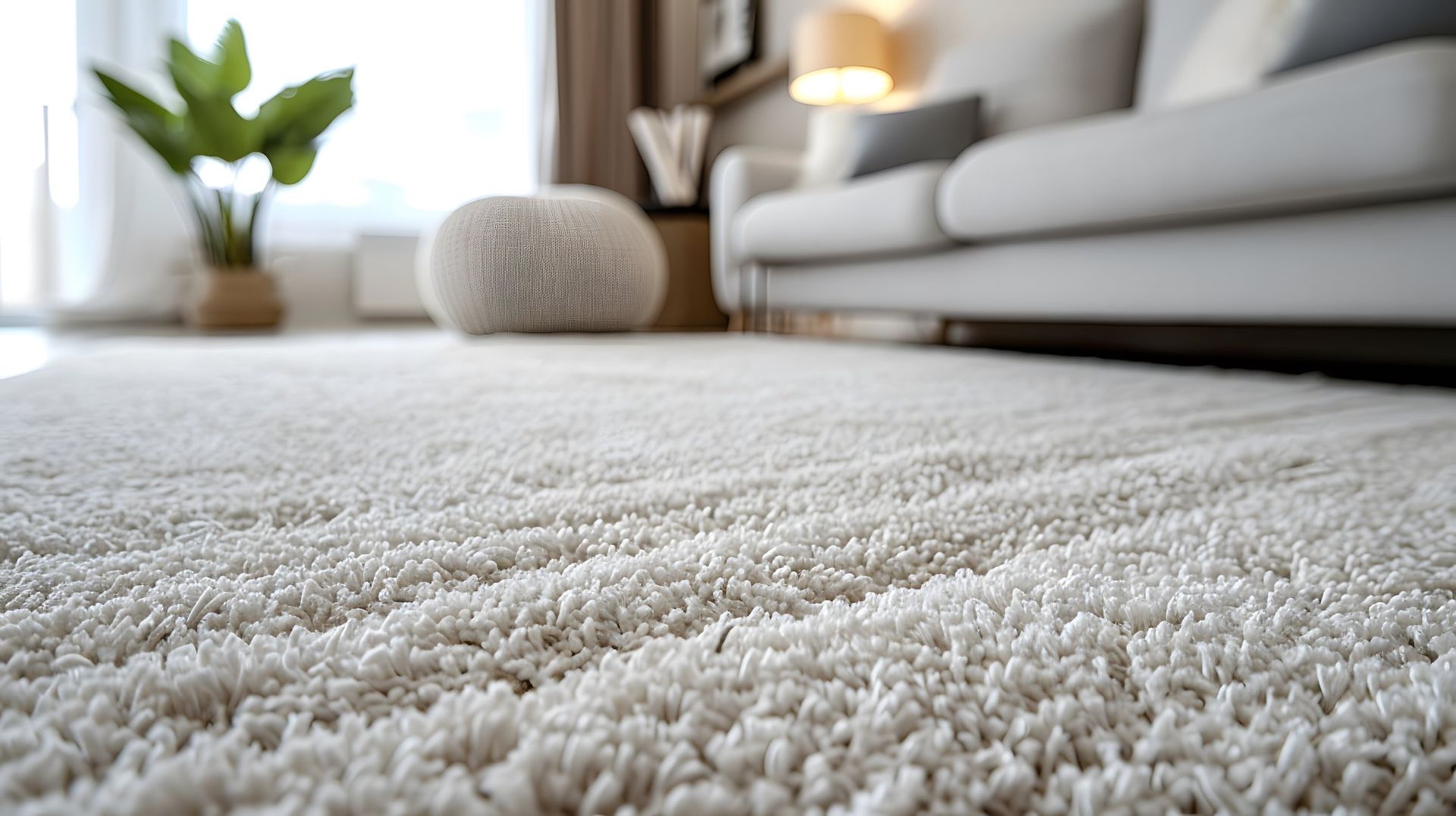 Close-up of a white, shaggy rug in a living room, with a couch, plant, and pouf visible in the background.