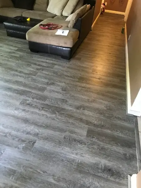 Gray wood-look flooring in a room with a sectional sofa; natural light on the floor.