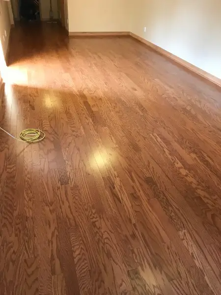 Red-toned hardwood floor reflecting light. Yellow cord coiled on floor. Empty room with light walls.