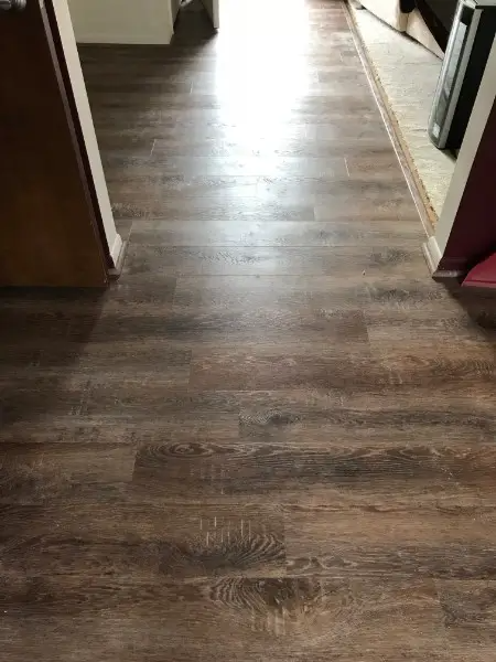 Brown wood-look flooring in a hallway, with a door on the left and a glimpse of a room at the end.