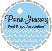 The penn-jersey pool and spa association logo is a blue circle with waves and a sun.