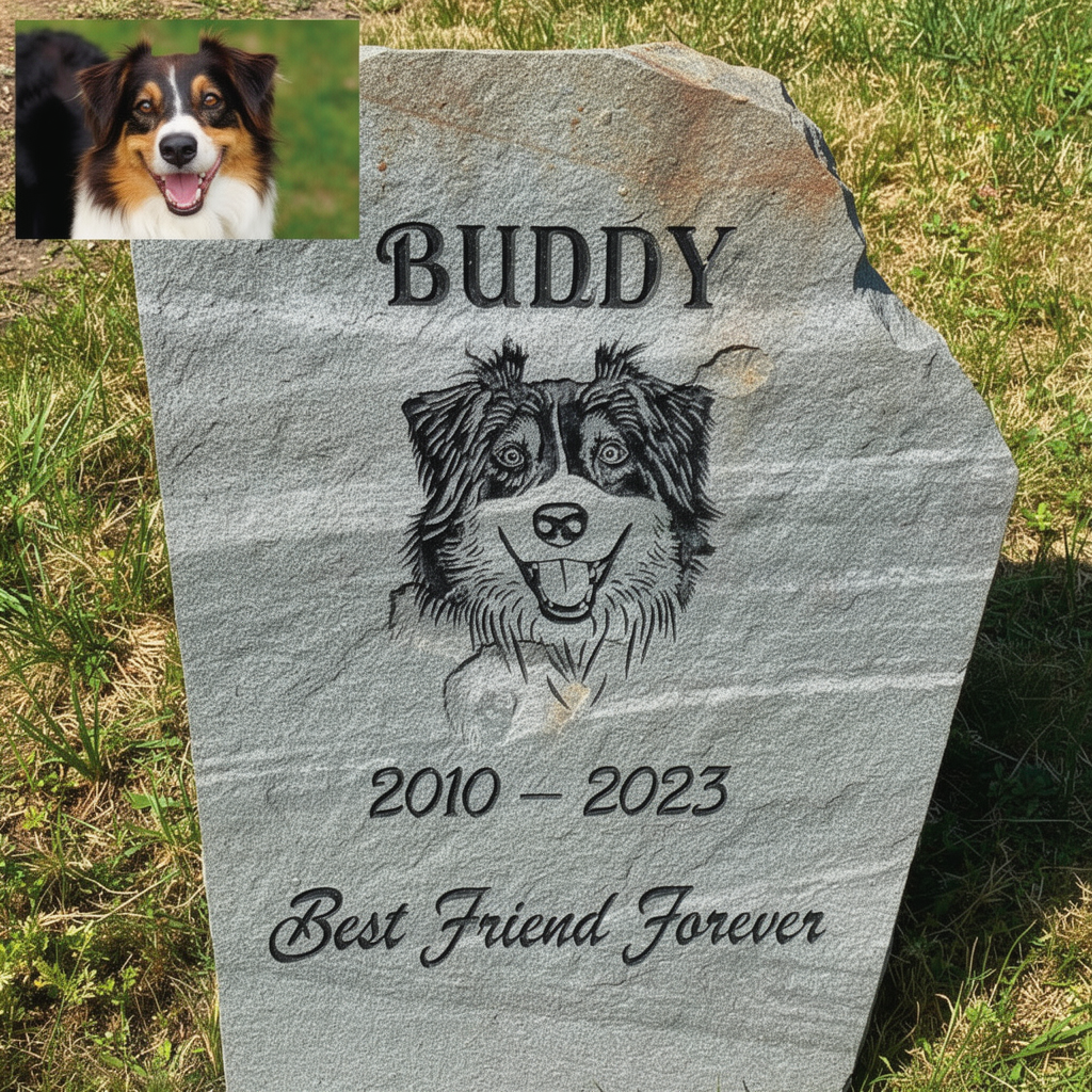 A headstone for a dog named Buddy. It has a portrait of Buddy, birth and death dates, and the phrase 