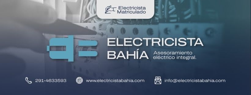 Logotipo de Electricista Bahía. Incluye el símbolo de un enchufe azul e información de contacto.