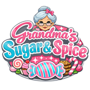 Logo reading &ldquo;Grandma&rsquo;s Sugar & Spice&rdquo; with a smiling grandma, candy, and pastel colors