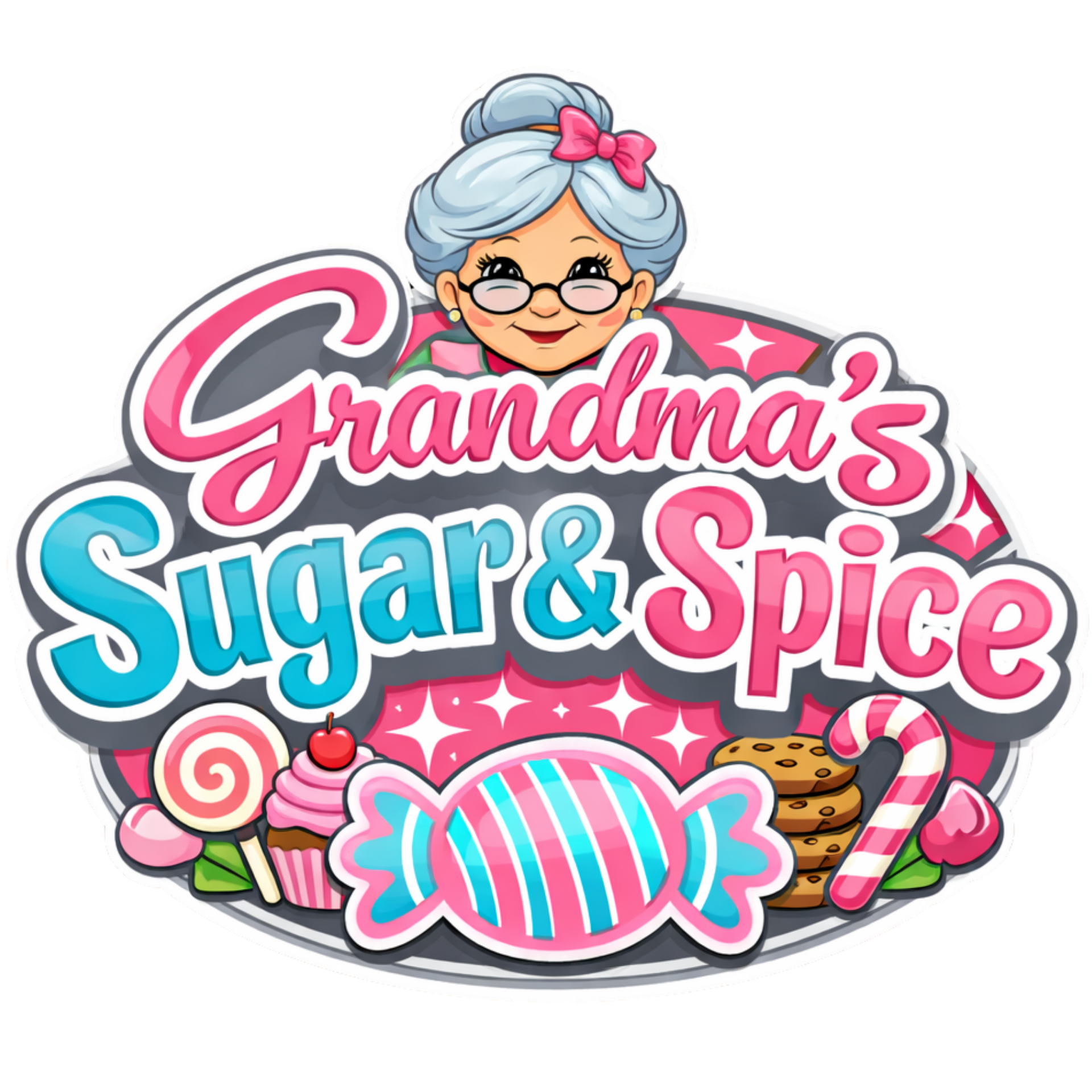Logo reading &ldquo;Grandma&rsquo;s Sugar & Spice&rdquo; with a smiling grandma, candy, and pastel colors