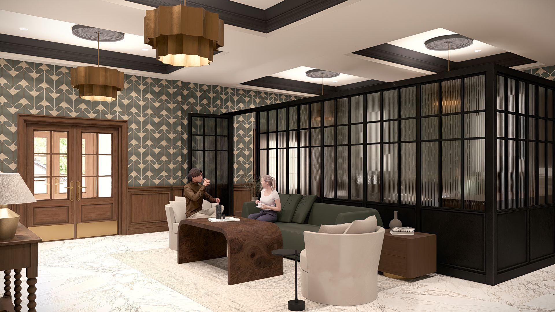Bright and inviting apartment lobby connected to the onsite property management office