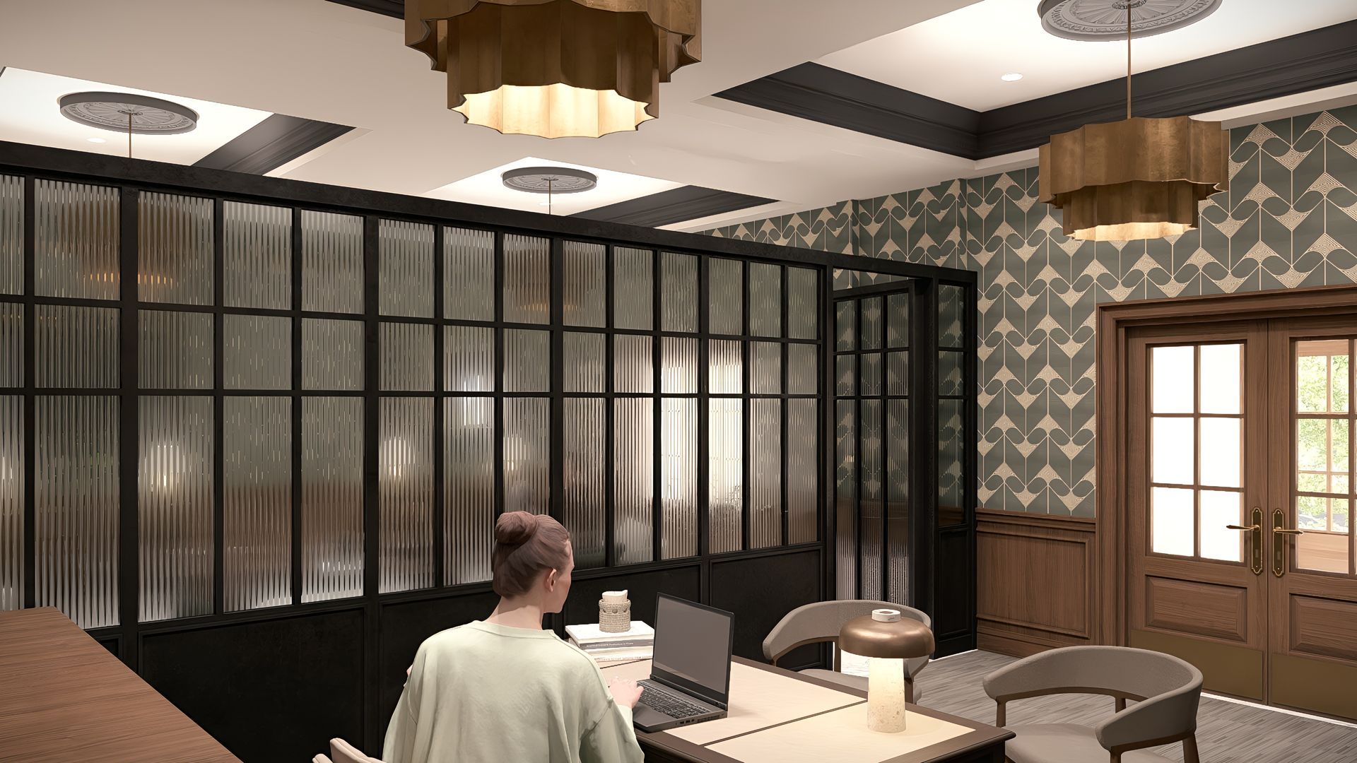 Onsite café providing a convenient gathering space with coffee, seating, and a warm, inviting ambiance