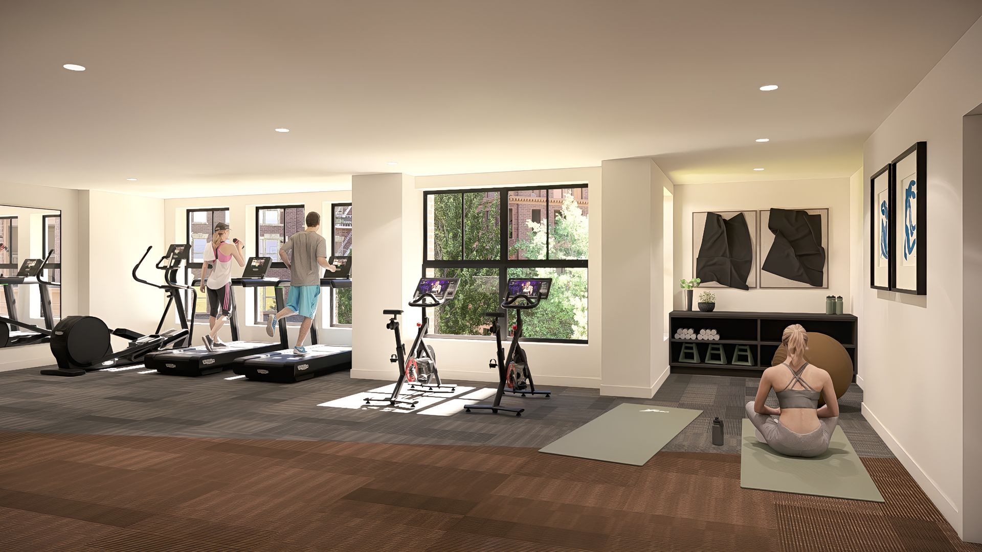 Bright, fully equipped onsite gym designed for resident wellness and daily workouts