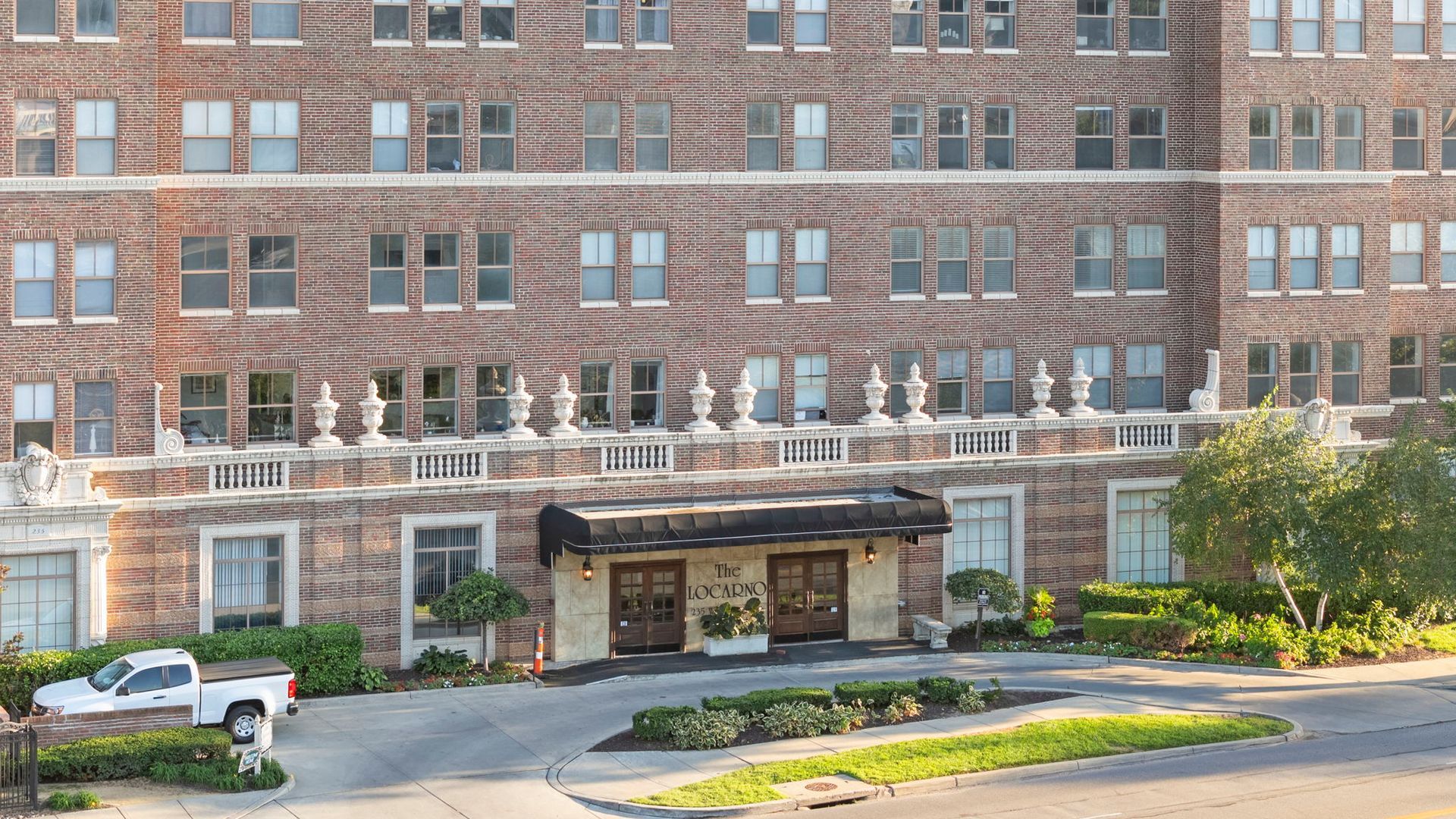 Luxury apartment building exterior at The Majestic on the Plaza near the Country Club Plaza