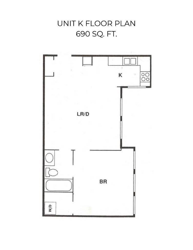 Floor plan of a small apartment. Includes living area, kitchen, bathroom, and bedroom.