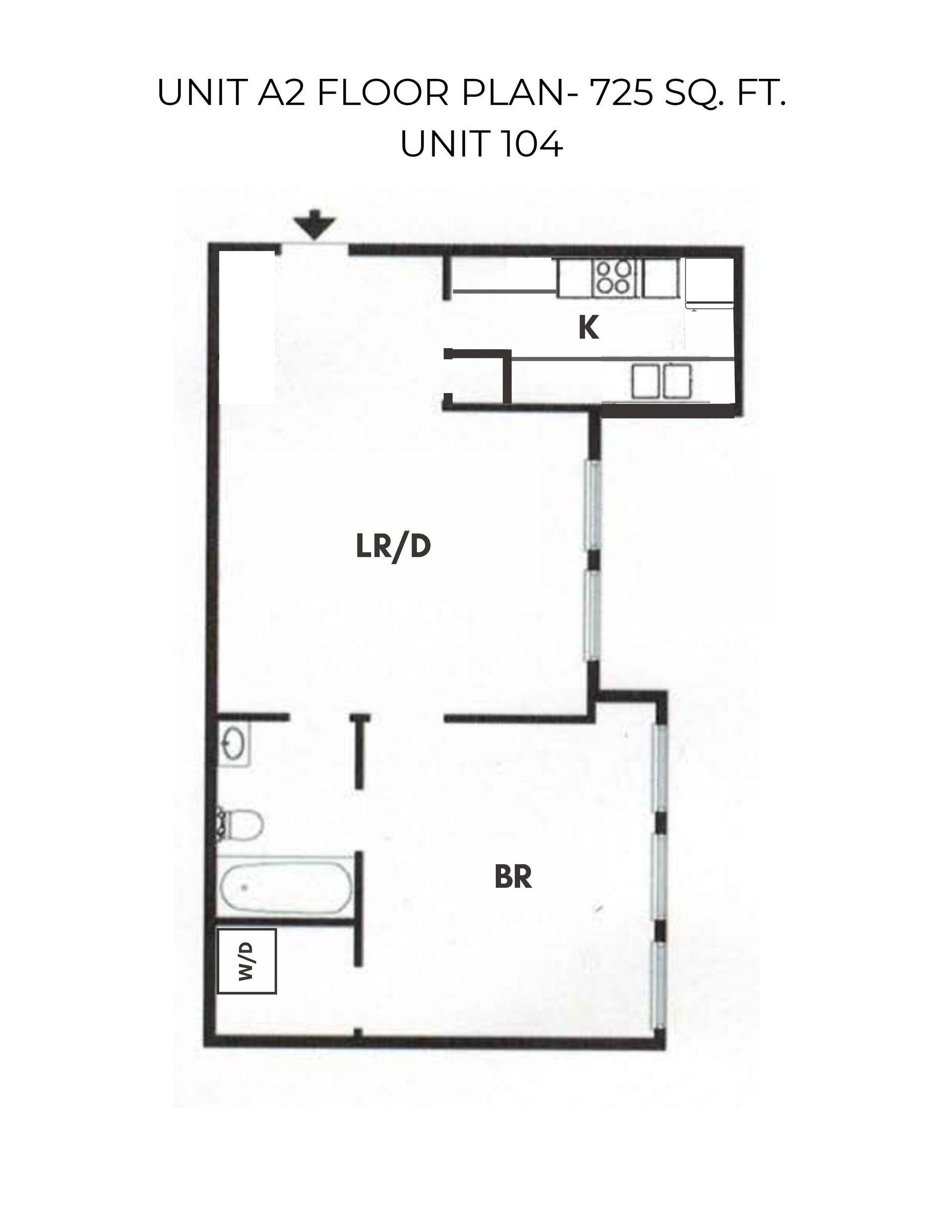 Floor plan of an apartment with kitchen, living/dining, bedroom, and bathroom.