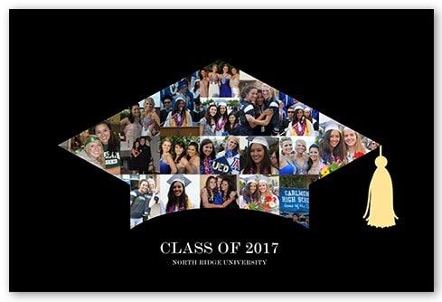 A graduation cap-shaped photo collage with a gold tassel against a black background, with