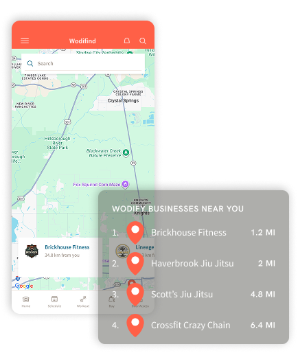 Smartphone map app showing nearby businesses with a list overlay and red location pins.