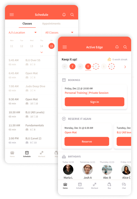Two mobile app screens with coral headers showing hotel booking and room reservation options