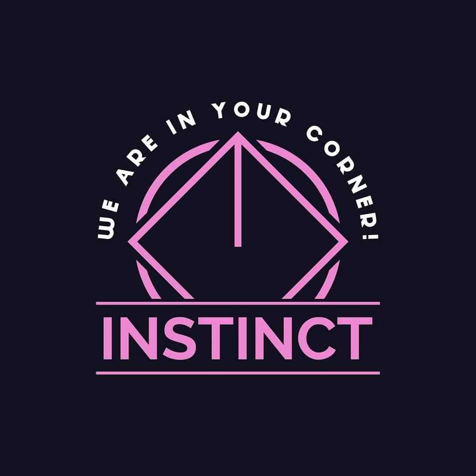 Pink logo with compass icon and text &ldquo;WE ARE IN YOUR CORNER! INSTINCT&rdquo; on dark background