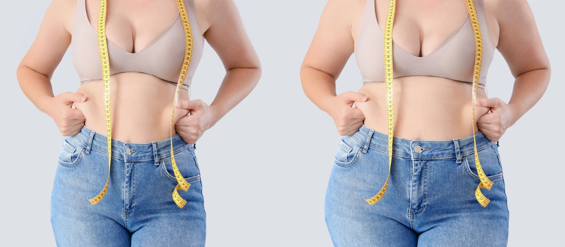 Side-by-side torso views of a person in jeans holding a yellow measuring tape around the waist