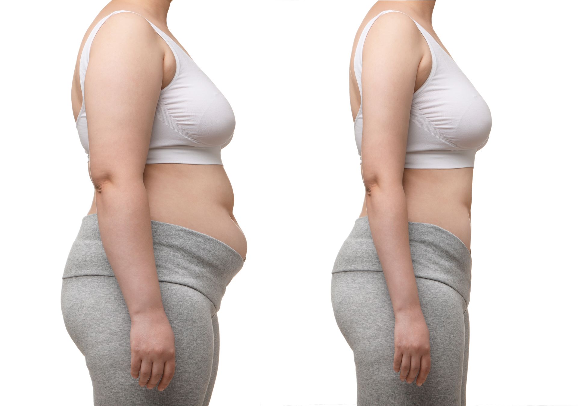 Side-by-side comparison of the same person’s body profile before and after weight loss, in white and gray clothing