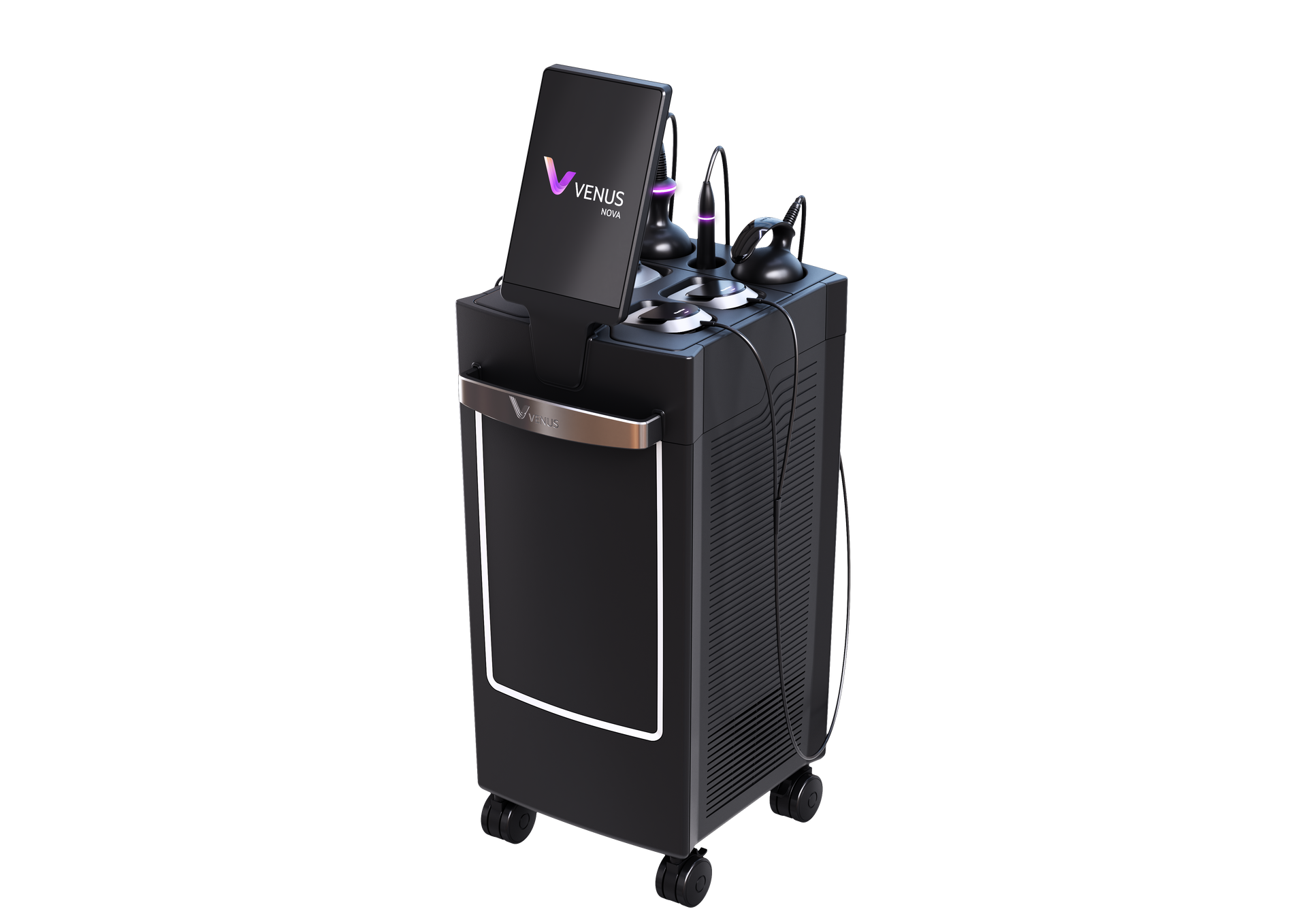Black rolling karaoke speaker cart with microphone holders and a control panel
