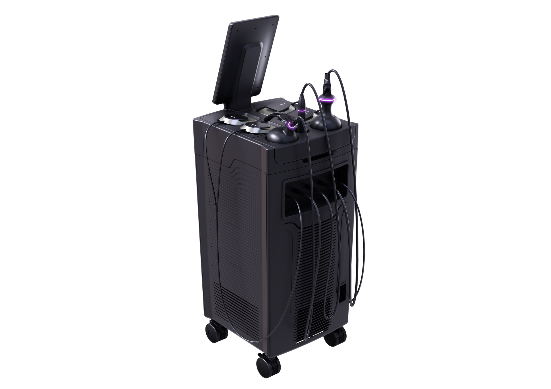 Black portable equipment cart with a monitor and connected cables on wheels