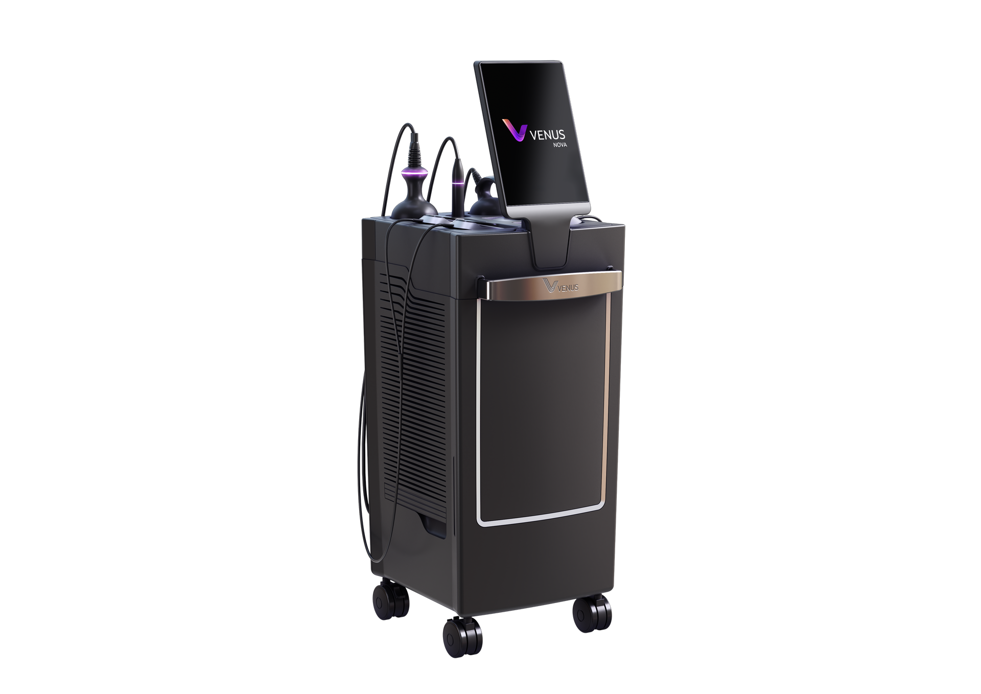 Black medical device cart with screen and cables on wheels
