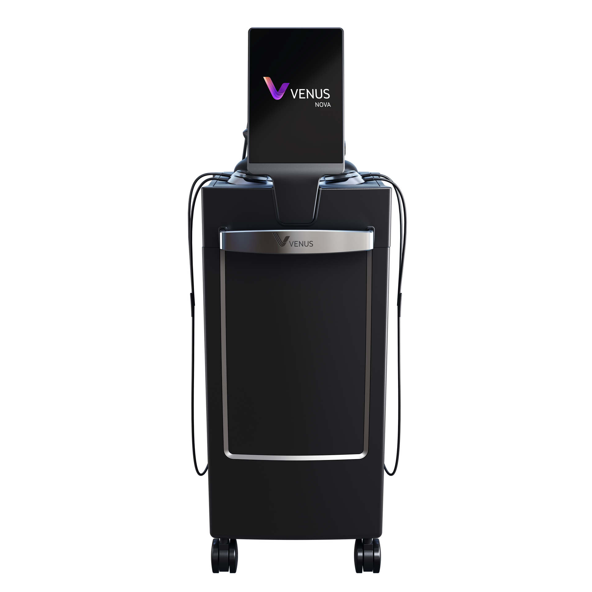 Black mobile water dispenser with a VEVUS-branded panel on top and wheels at the base