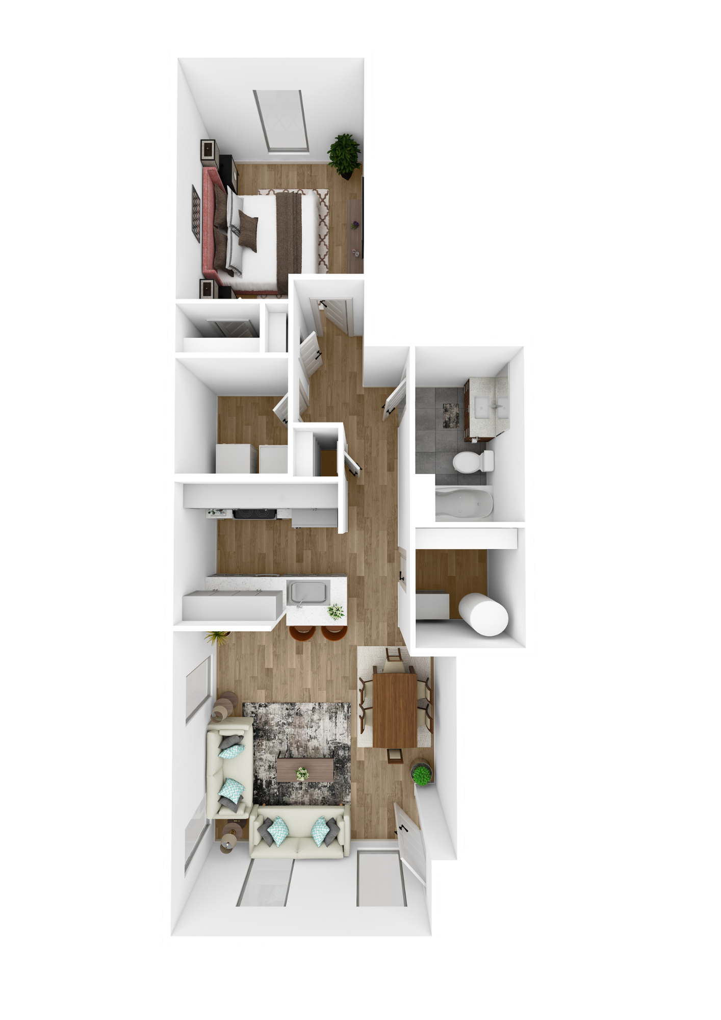 Top-down 3D floor plan of a narrow apartment with living room, kitchen, bedroom, and bathroom areas.