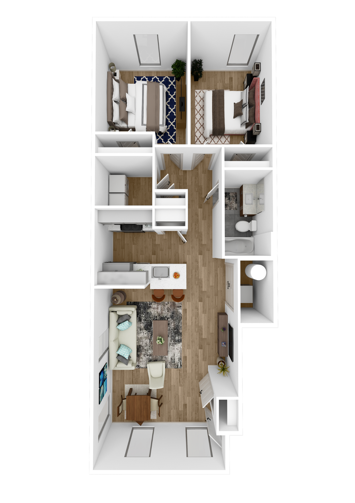 Top-down 3D floor plan of a narrow apartment with bedroom, kitchen, living area, and bathroom.