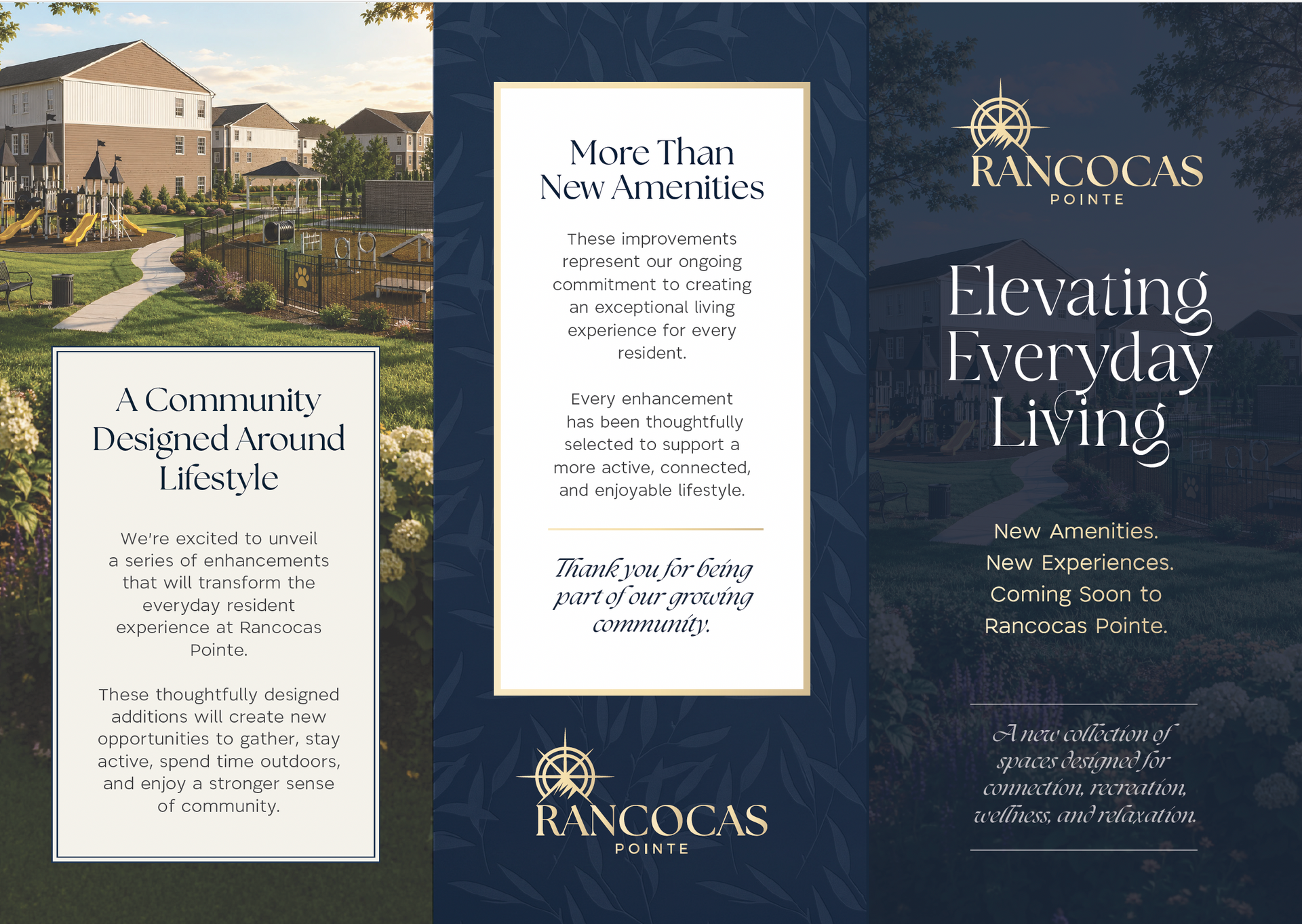Three-panel real estate flyer for Rancocas featuring community photos, a white info card, and gold text on dark blue.