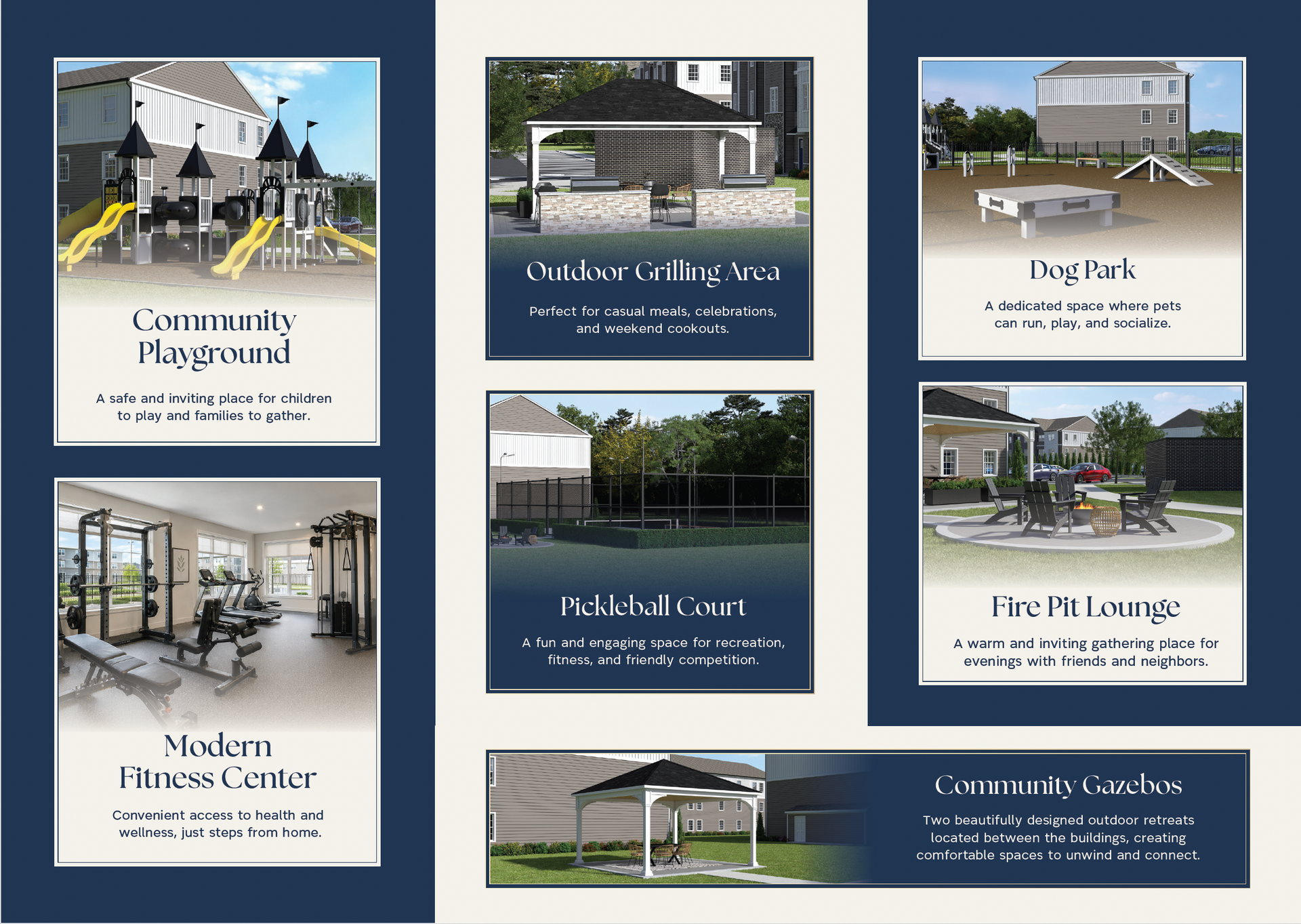College campus brochure collage with photos of buildings, interiors, and a covered drop-off area on blue panels